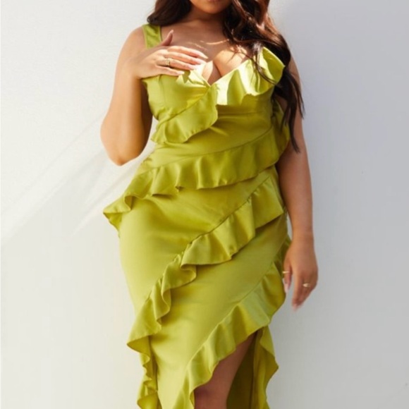 PrettyLittleThing Lime Asymmetrical Ruffle Dress - Picture 2 of 4